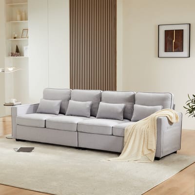 Gutent Sofa, Linnen Stof, 4-zitsbank met Armleuningen, Zakken en 4 kussens, Minimalistische bank, Grijs