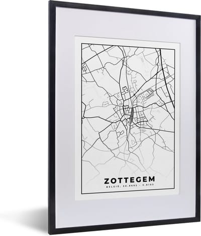 Fotolijst incl. Poster Zwart Wit- Zwart Wit – België – Plattegrond – Stadskaart – Kaart – Zottegem - 30x40 cm - Posterlijst