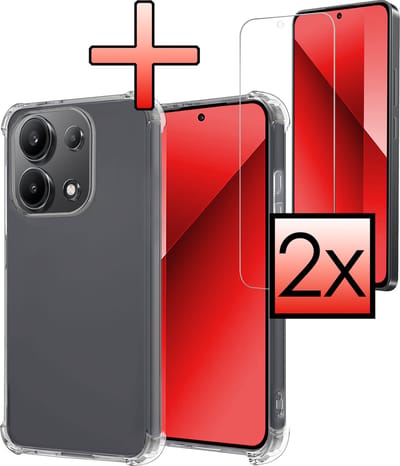 Hoesje - Met Screenprotector - 2 Stuks - Geschikt voor Xiaomi Redmi Note 13 4G - Sterk & Shockproof - Siliconen Case - Back Cover - Telefoon Hoes - Shock Proof - Transparant