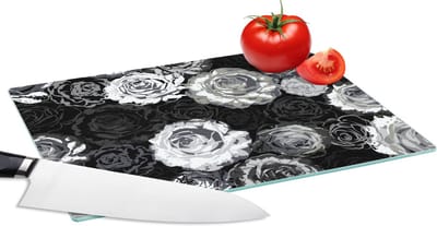 Glazen Snijplank - 28x20 - Rozen - Zwart Wit - Patronen - Snijplanken Glas
