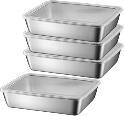 KZQ Vierdelige roestvrijstalen opbergdoosset - met deksel - lunchbox - geschikt voor voorraadkast, koelkast en afhaalmaaltijden.
