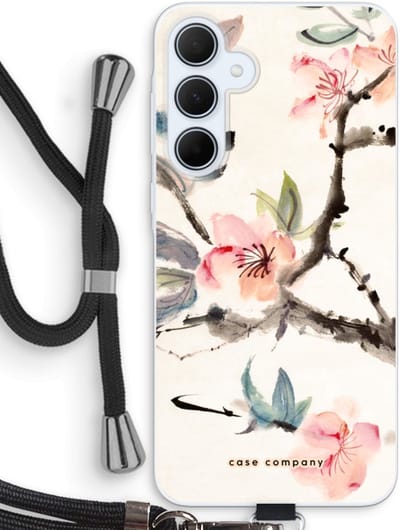 Case Company® - Hoesje met koord geschikt voor Samsung Galaxy A35 hoesje met Koord - Japanse bloemen - Telefoonhoesje met Zwart Koord - Bescherming aan alle Kanten en Over de Schermrand