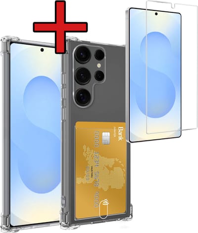 Hoesje - Geschikt voor Samsung Galaxy S25 Ultra - Met Screenprotector - Pashouder - Kaarthouder - Back Cover - Telefoon Hoes Shockproof - Siliconen Case - Shock Proof - Pasjes Houder - Telefoonhoes - Transparant