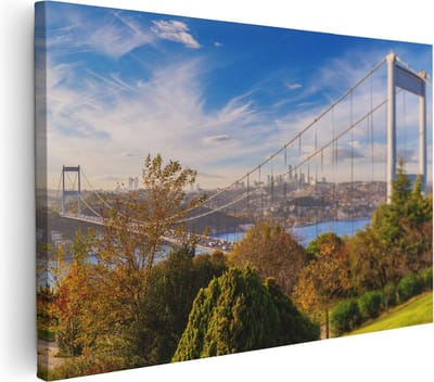 Artaza Canvas Schilderij Skyline - 30x20 cm - Klein - Wanddecoratie Stad - Muurdecoratie Istanbul Brug - Kamer Accessoires Herfst
