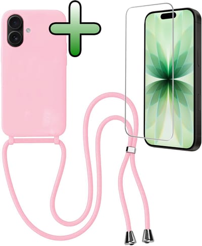 Hoes Geschikt voor iPhone 17 Hoesje Met Koord Met Screenprotector - Telefoonhoesje Geschikt voor iPhone 17 Backcover Met Afneembaar Koord - Lichtroze