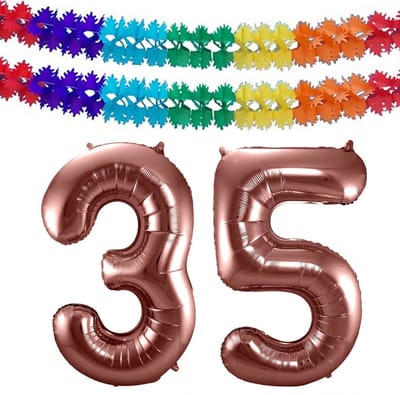Folat Verjaardag Leeftijd folieballon - 35 jaar - rosé goud - 86 cm - cijferballon groot - incl 2x feestslingers