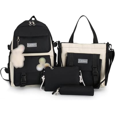 Set van 4 rugzakkenset canvas schooltas boekentas schoudertas reistas handtas potlood met grote capaciteit zwart