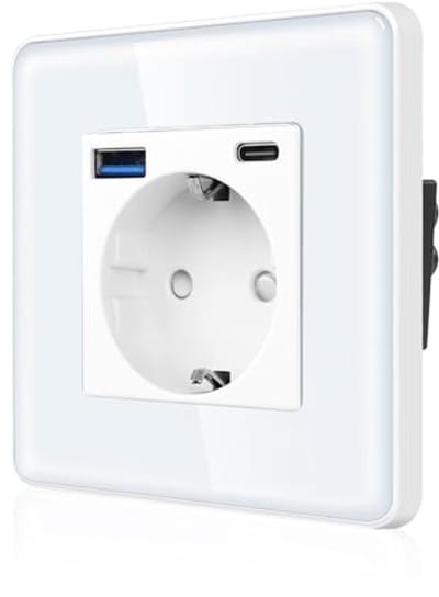 Enkel stopcontact met 2 USB-poorten en kinderbeveiliging - Wandcontactdoos met 2,5D gebogen glazen plaat