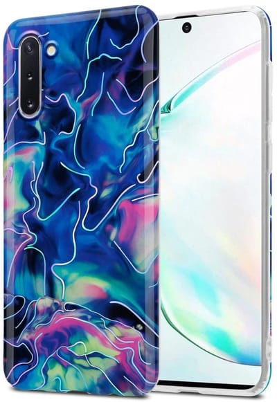 Cadorabo Hoesje geschikt voor Samsung Galaxy NOTE 10 in Blauw Roze marmer No. 17 - Beschermhoes gemaakt van TPU siliconen Case Cover met mozaïek motief