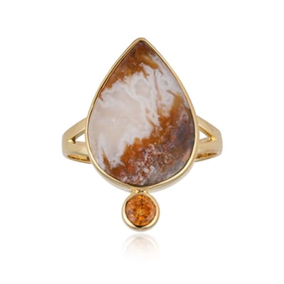 Cavill - Zilveren ring 7,8 ct Druzische Agaat & 0,35 ct Mandarijn Granaat - 925 Sterling Zilver Verguld - Peervorm Bali Ring