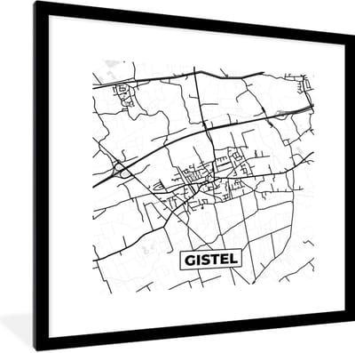 Fotolijst incl. Poster Zwart Wit- Plattegrond – Gistel – Zwart Wit – Stadskaart - Kaart - België - 40x40 cm - Posterlijst