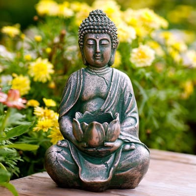 Meditatie Boeddha Theelichthouder - Decoratie voor Woonkamer en Tuin met LED Theelicht, Zen Sfeer en Lotus Design