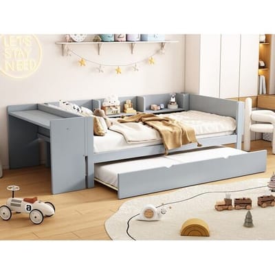 Merax Onderschuifbed 90 x 200 cm + 90 x 180 cm met bureau en 3 planken - massief grenenhout - lattenbodem - grijs