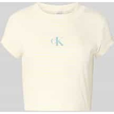 Calvin Klein Striped Monologo Tee French Vanilla Stripe Maat: L | Tops Outlet | Dames | Geel