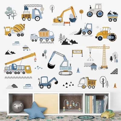 PromoHome Bouwvoertuigen Muurstickers Set - Vrachtwagens, Tractors, Graafmachines en Krans voor Kinderkamer Decoratie - Verwijderbare Wandstickers voor Jongens Slaapkamer