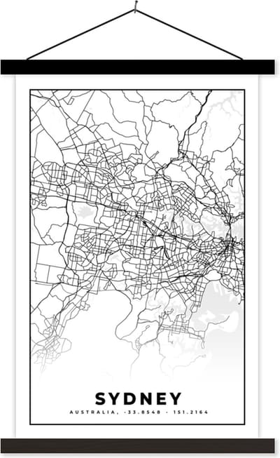 Posterhanger incl. Poster 40x60 cm - Schoolplaat - Sydney - Zwart Wit - Plattegrond - Stadskaart - Kaart - Textielposter - Zwarte latten - Stadskaart