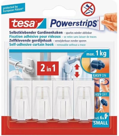 Tesa powerstrips ophanghaken - 8x - wit - kunststof - 4 x 2,2 cm - gordijnrails