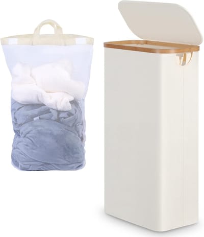 Narrow 63 Liter Wasmand met Deksel, Smalle Vouwbare Wasmand met Bamboe Handvatten, Ideaal voor Woonkamer, Badkamer en Slaapkamer