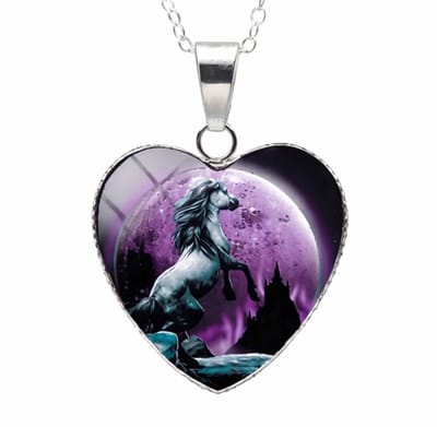 Hart ketting met paard – Paarse maan – Glazen hanger – Eenhoorn- Cadeau voor paardenliefhebber