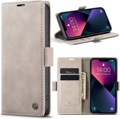 Geschikt Voor iPhone 13 Pro Max Hoesje - Solidenz Urban Bookcase 13 Pro Max - Telefoonhoesje 13 Pro Max - 13 Pro Max Case Met Pasjeshouder - PU Leren Hoes - Draadloos Opladen - Beige