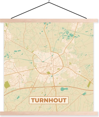 Posterhanger incl. Poster 40x40 cm - Schoolplaat - Turnhout - Stadskaart - Retro - Kaart - Plattegrond - Textielposter - Blanke latten - Stadskaart