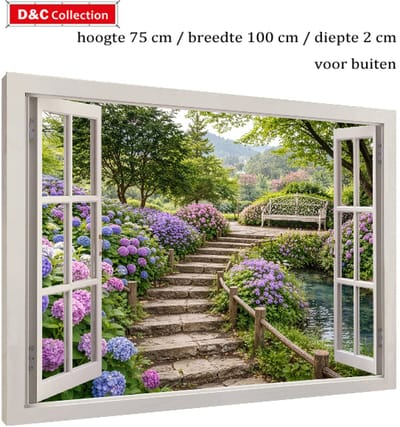 Tuinposter doorkijk met bloemen - op houten frame - 75x100x2 cm - modern wit venster - hortensia trap - pad - tuindoek met uitzicht op romantisch bankje - vijver