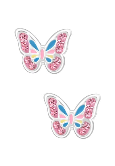 Butterfly Children's Sterling Silver Ear Studs with Crystal and Epoxy