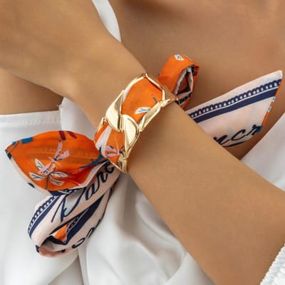Luipaardprint Zijden Sjaal Manchet Armbanden Polkadot Lint-Gewikkeld Metaal Breed Armband Europa Amerikaanse Stijl Verstelbaar 50-52mm orange
