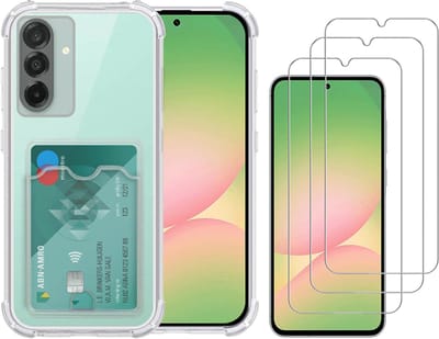 Transparant hoesje met Pasjeshouder geschikt voor Samsung Galaxy A26 - Shock Proof Case Met gehard glas Screenprotectors – 3 Packs