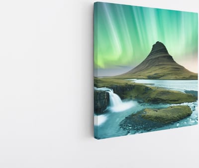 Saammp Canvas Schilderij - Ijsland - Noorderlicht - Landschap - Natuur - 20x20 - Foto op canvas - Wanddecoratie - Muurdecoratie Woonkamer - Slaapkamer decoratie - Canvas Print