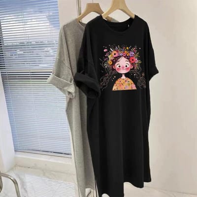 T-shirtrok van puur katoen voor dames, zomer, grote maat, losvallend, medium en lang, T-shirt met korte mouwen, top, temperamentvol, dun, knielengte jurk M gray