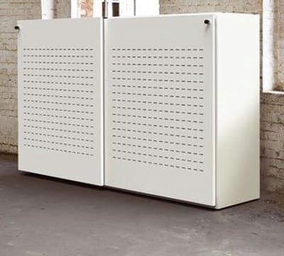Akoestische schuifdeurkast breed 200CM diep 48CM hoogte 122CM bladkleur Wit framekleur Antraciet (Ral 7016)