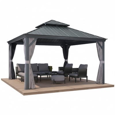 PURPLE LEAF Hardtop Aluminium Tuinpaviljoen – Dubbel dak – Hoogwaardige Gordijnen – Wind- en weerbestendig – Luxueus Grijs
