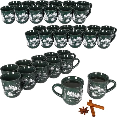 Set van 36 glühwein mokken in donkergroen met kerstlandschap 0,2 liter, gekalibreerd