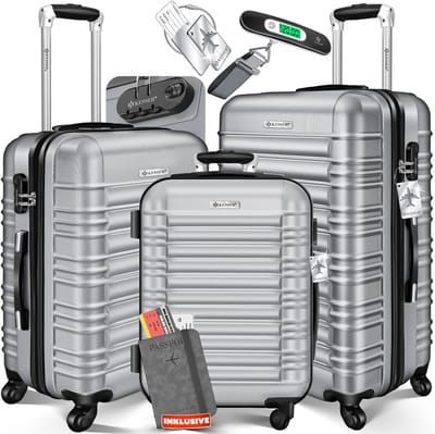 KESSER® 3x Koffer, reiskofferset, trolleykoffer harde kofferset incl. bagageweegschaal + bagagelabel rollend kofferslot 4 wielen ABS harde schaal telescopisch handvat M-L-XL - Zilver