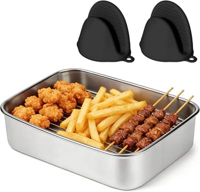 Bakplaat oven - RVS - 20 x 15,3 x 5 cm - Braadpan met siliconen handgrepen - Voor bakken, grillen en braden