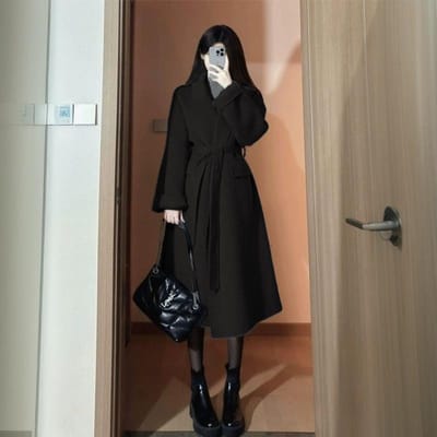 Grijze wollen jas voor dames, middellang, herfst en winter, nieuwe wollen jas voor de winter, klein postuur, Koreaanse stijl M zwart