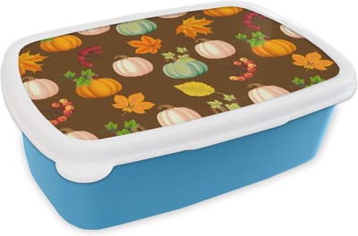 Broodtrommel Blauw - Lunchbox - Brooddoos - Herfst - Pompoenen - Patronen - 18x12x6 cm - Kinderen - Jongen