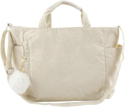 Grote Corduroy Schoudertas voor Vrouwen - Minimalistische Tote Bag voor Werk, Reizen en Winkelen met Sleutelhanger Pompon (Beige)