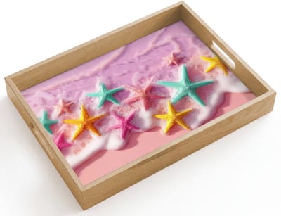 Dienblad hout 40x30 cm - Schootdienblad - Zeesterren - Strand - Golven - Borrelplank rechthoek - Plateau dienbladen