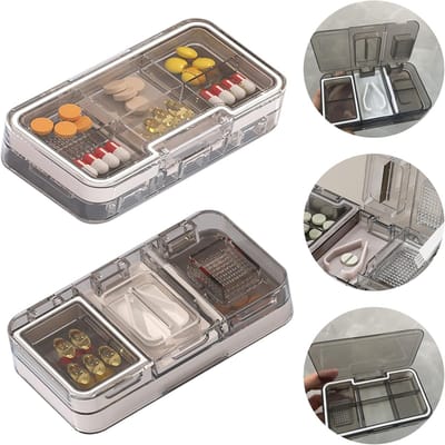 Tablettensnijder 3-in-1 - Pillensnijder met Vermaler & Opbergvak - Nauwkeurige Tablettendeler voor Onderweg - Wit - 11.2x6.2 cm