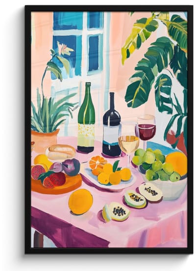 Poster in lijst - Fotolijst 60x90 cm - Posters - Tafel - Wijn - Fruit - Posterlijst zwart - Decoratie - Wanddecoratie woonkamer - Muurdecoratie slaapkamer