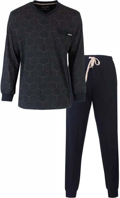 MEQ Heren Pyjama - Geprint Dessin - V Hals - Navy Blauw - Maat M