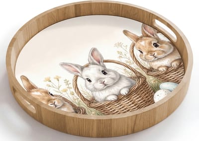 Dienblad rond 40x40 cm - Schootdienblad hout - Konijnen - Eieren - Bloemen - Pasen - Borrelplank rechthoek - Plateau houten dienbladen