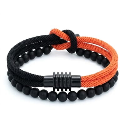 Set van 2 heren armbanden – zwart/oranje koordarmband & zwarte kralenarmband – elastisch en verstelbaar