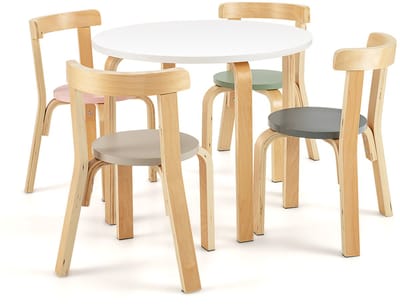 COSTWAY Kindertafel met 4 stoelen, 5 stuks. Houten zitgroep met ronde tafel, afgeronde hoeken en randen, kindermeubel zitset voor kinderen vanaf 4 jaar (kleurrijk)