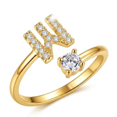Goudkleurige en witkleurige ring met initiaal W voor dames en heren – letter ring met zirkonia steen – open ring met W ontwerp en ronde steen
