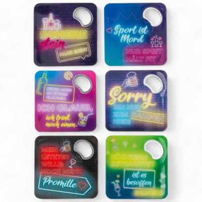 Dailygoods- Onderzetters Set van 6 - Glasonderzetters met Flesopener - Afwasbaar Kunststof - Neonletterdesign - Duurzaam - Bescherming tegen Krassen - Coaster