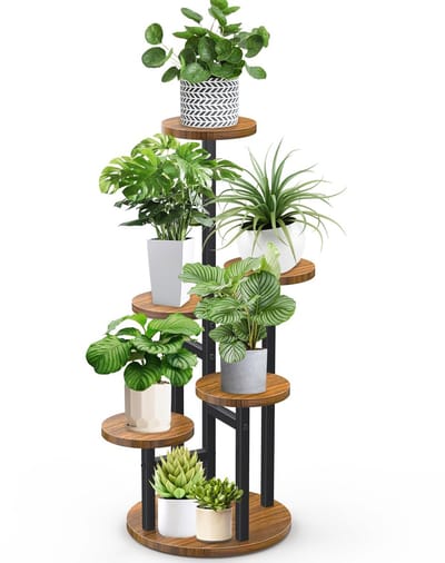 Omgoods- Plantenrek 6-Laags - Houten Hoekrek - Multifunctioneel Opbergrek - Plantenrek Binnen/Buiten - Stevige Bloempotsteun - Ruimtebesparend Ontwerp - Bloemstandaard