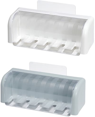 Tandenborstelhouder-tandenborstel doosje-tandenborstel houder-2-Pack 5-Slots Wandgemonteerde Tandenborstelhouder met Deksel - tandenborstelhouder voor Badkamer, Medicijnkastje, Slaapzaal - Wit, Blauw - 13,5x5x4,5cm